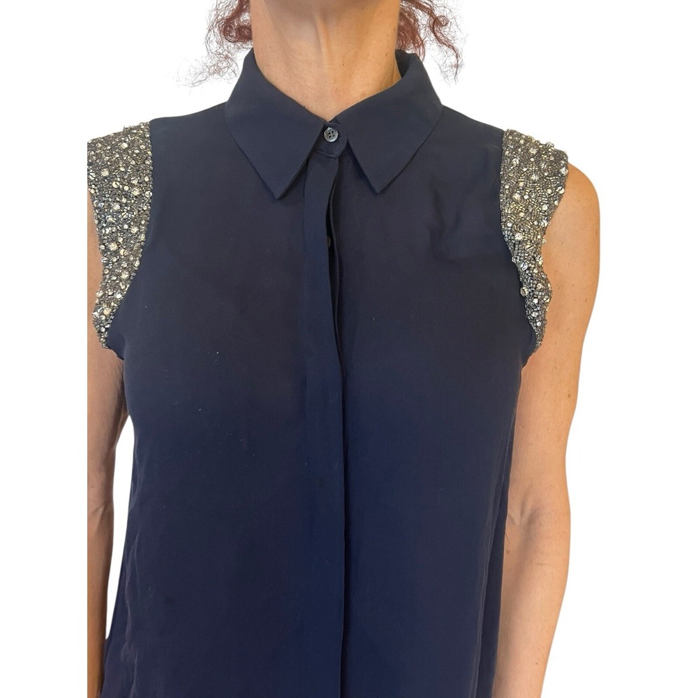 Women's HAUTE HIPPIE Navy Blue Beaded Embellished Cap Sleeve Silk Blouse S $395 - Picture 13 of 16